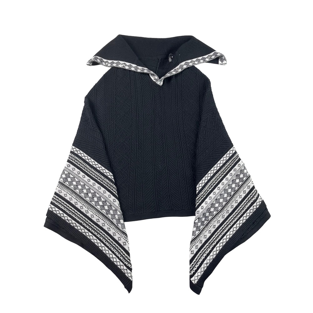 White House Black Market Knit Poncho Black Geometric Trim Snap Collar Small